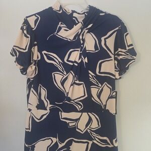 Maggie London NWT Size 14 Navy Cream Floral Cocktail Dress Pleated Ruched Zip